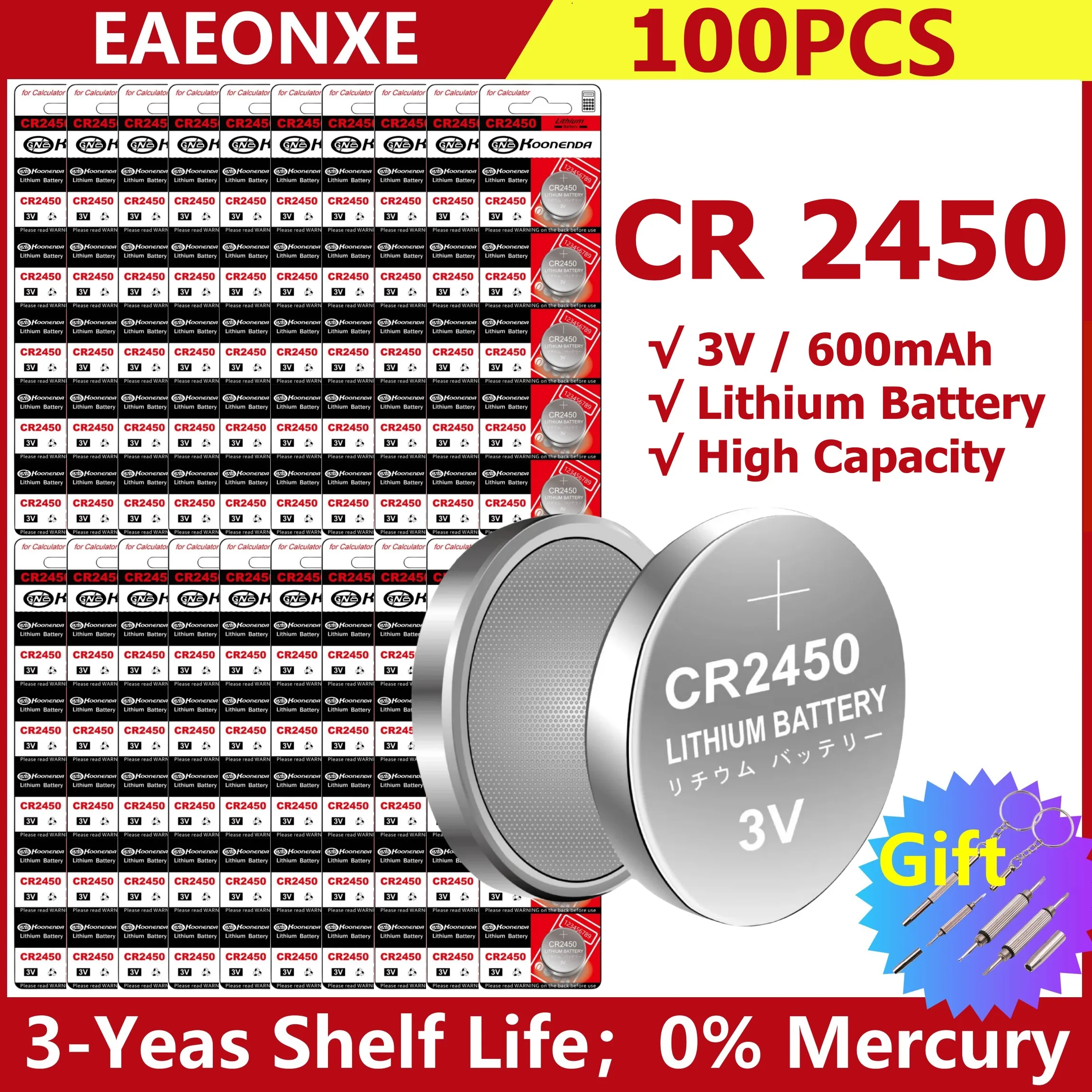 100 шт. = 20 карт 600 мАч CR2450 CR 2450 ECR2450 KCR2450 5029LC LM2450 Кнопочная батарея монетная 3 в