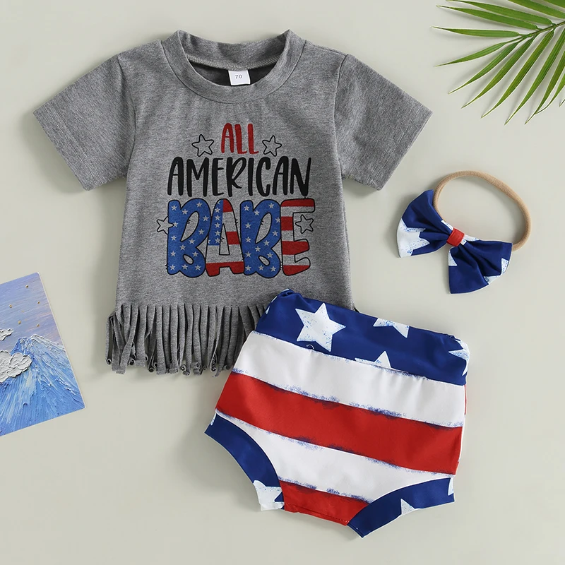 

Independence Day Newborn Baby Girls Summer Clothes Letter Print Tassel Hem T-Shirts Star Stripe Print Shorts Headband 3Pcs Sets