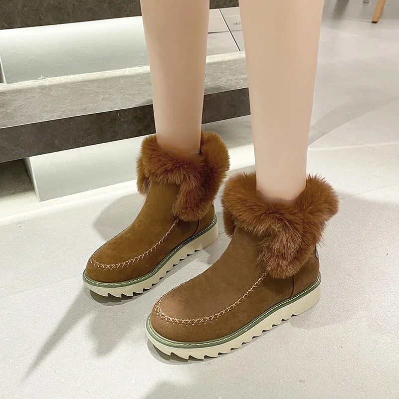 

Меховые ботинки, зимние теплые ботильоны для женщин, стильная женская обувь с круглым носком, без застежки, флоковые ботинки для снега, однотонная женская обувь большого размера