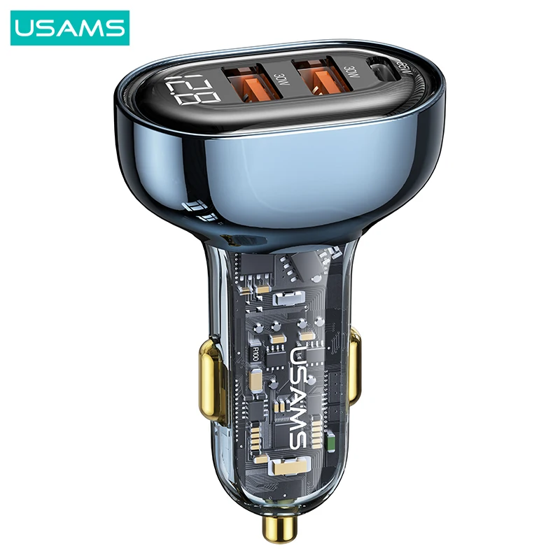 

USAMS 125W Car Charger USB Type C PD QC 3 Ports Transparent Digital Display Fast Car Charger For iPhone Xiaomi Huawei Samsung