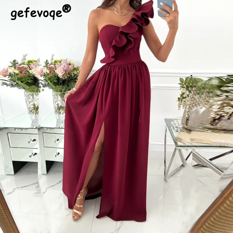 

Ruffles Backless Tunic Elegant Evening Party Sexy Long Dresses for Women 2022 Summer Solid Sleeveless High Split Maxi Dress Robe