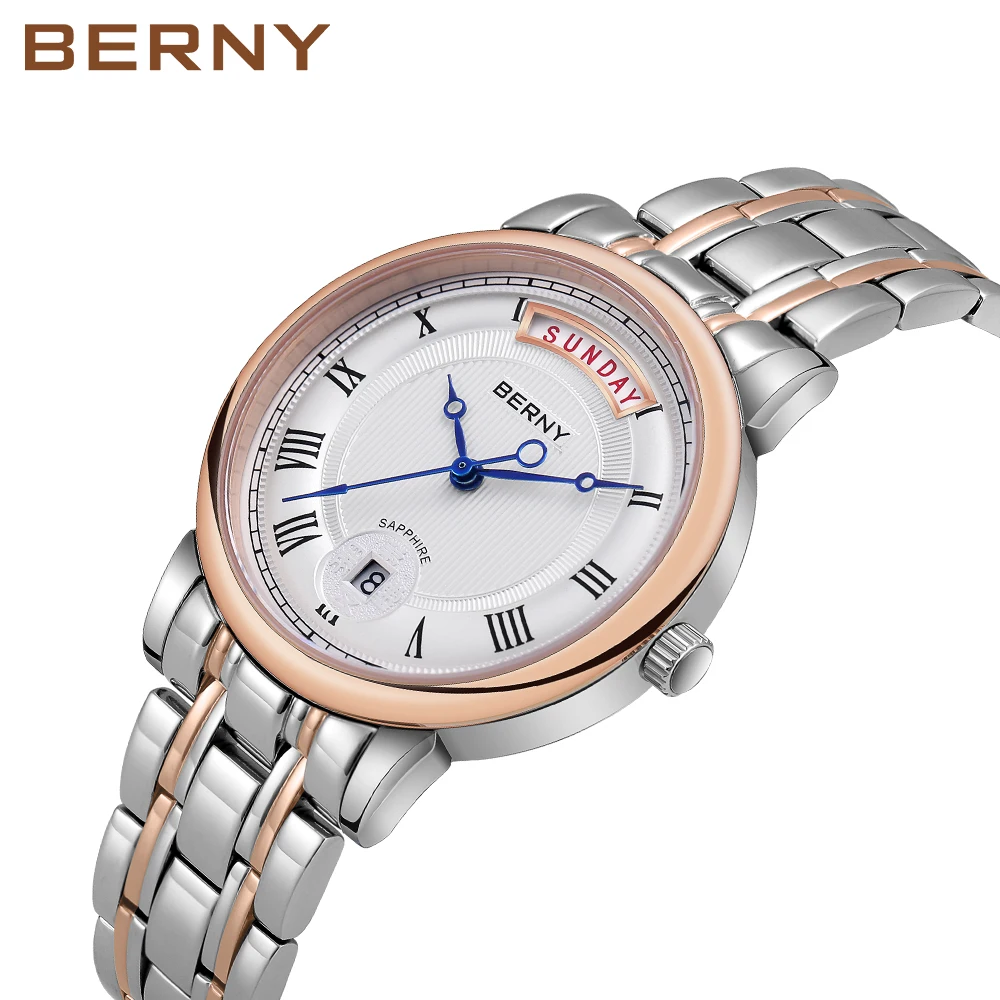BERNY Quartz Watch for Women Movement VJ45 Watch Roman Calendar Wristwatches Sapphire Solid Steel Strap Waterproof Luxury Lady enlarge