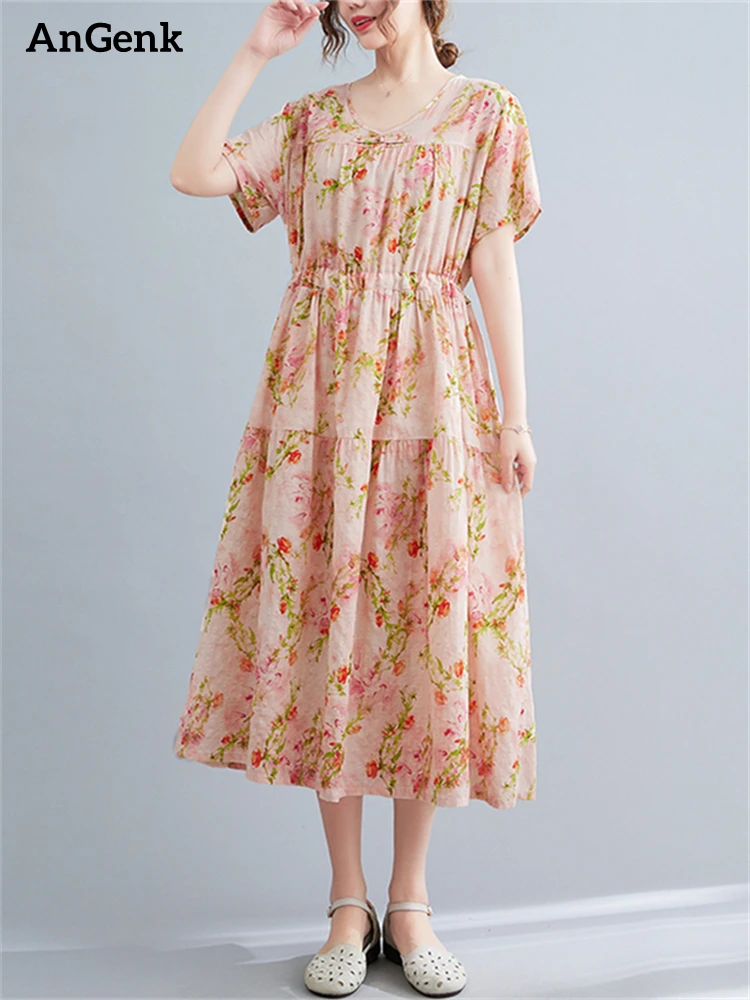 

Женское Хлопковое платье с коротким рукавом, повседневное Длинное Элегантное платье с винтажным принтом, лето 2022