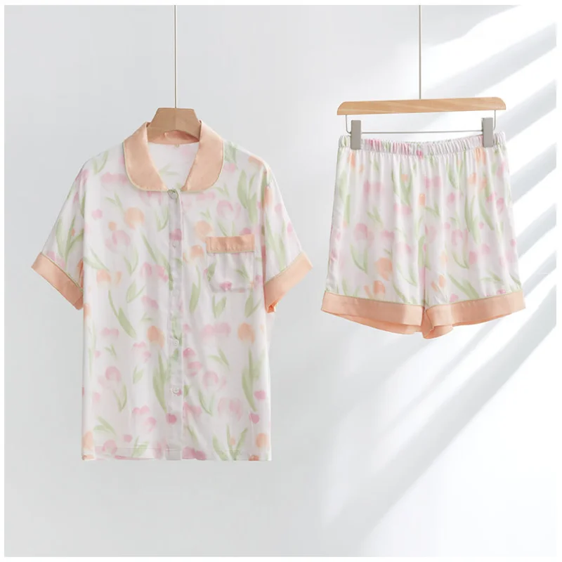 Летний свободный Гладкий пижамный комплект для женщин с розовым принтом