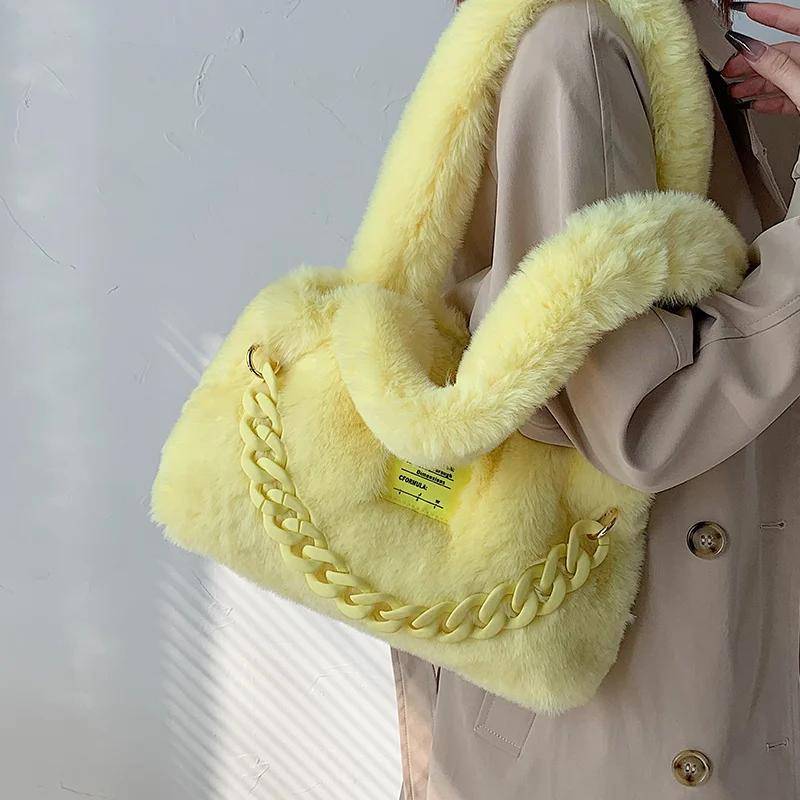 

Chain Tote Bags for Women 2023 Winter Trend Designer Small Soft Faux Fur Kawaii Handbags Shoulder BagsShopper bag