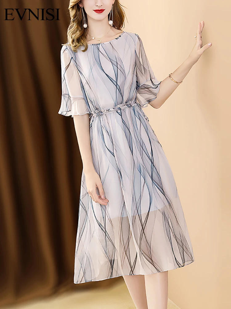 

Women Casual Stripe Chiffon Slik Dress Short Sleeve Gradient Color Slim High Waist Sashes Summer Beach Party Dresses