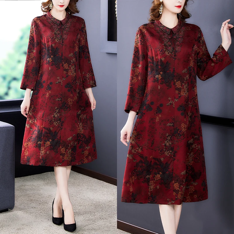 

Женское винтажное платье-миди с вышивкой, красное платье из тутового шелкопряда с цветочной вышивкой, элегантное облегающее платье Вечерни...