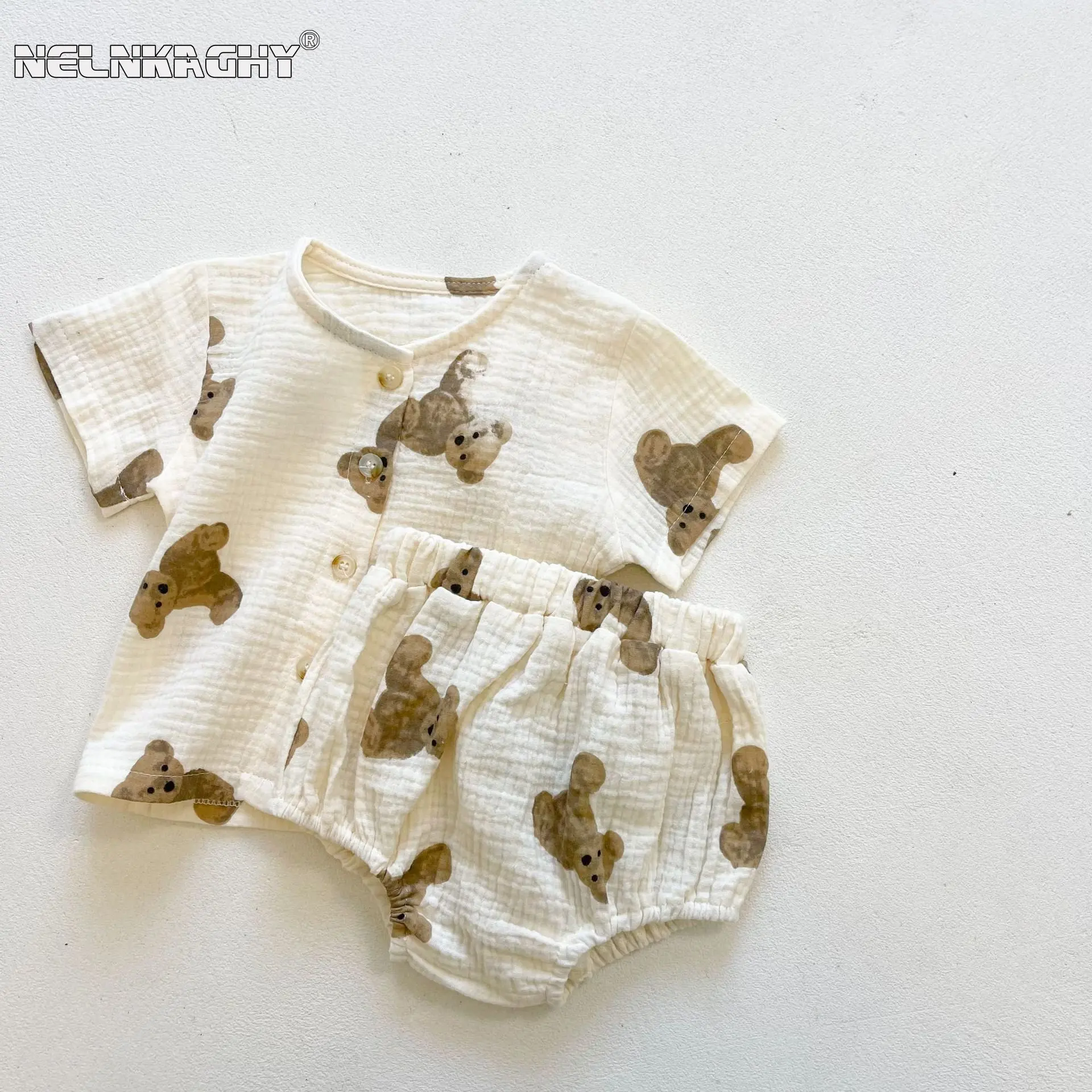 Summer Infant Newborn Short Sleeve Cartoon Bear Print Single-breasted Top Tees Shirts+bottoms Kids Baby Clothing Set 2pcs