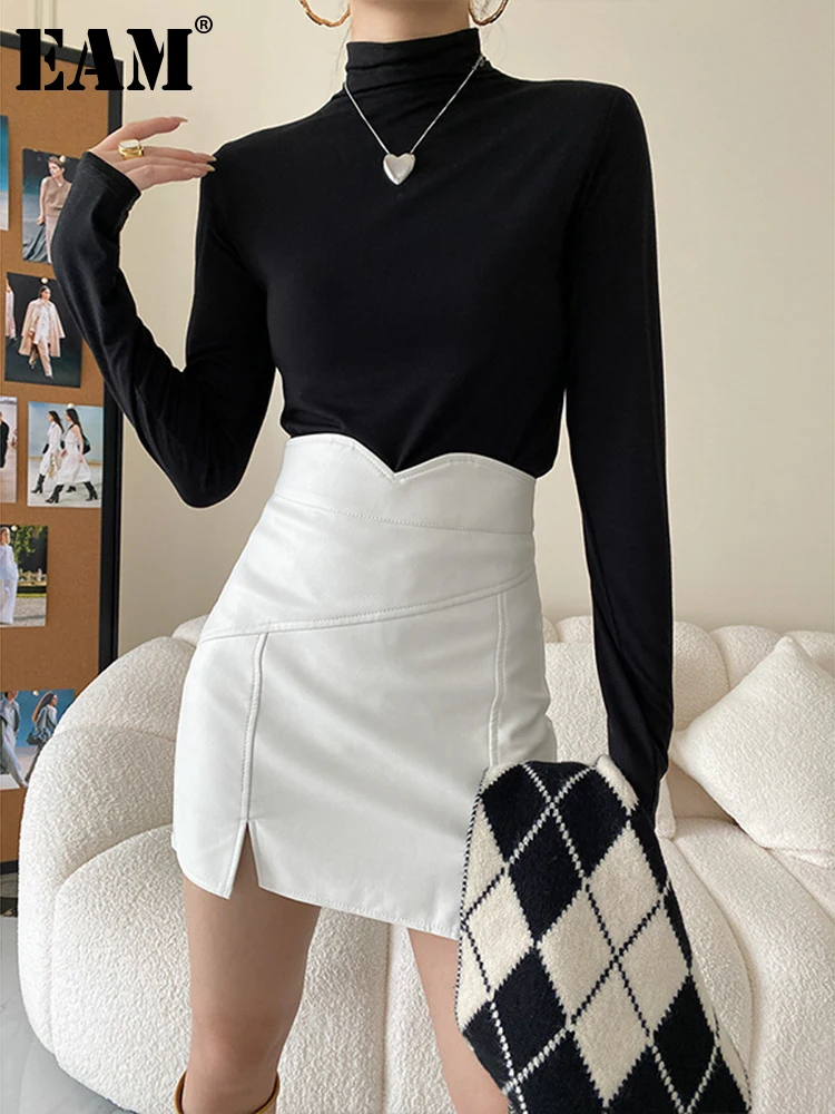 

[EAM] Женская Черная многоцветная короткая высокая эластичная футболка, новая водолазка с длинным рукавом, модная весенне-осенняя 2023 1DF1652