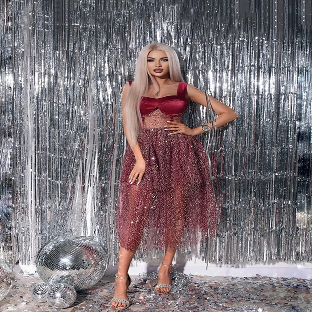 

Black Red Color Women Sleeveless Sexy Shinning Mesh Long Dress Girls' Birthday Party Celebrate Fashion Dress Vestido