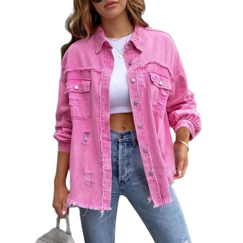 

2023 Holes Raw-edges Denim Jacket Women Spring Autumn Shirt Style Jeancoat Casual Top Rose-Red Orange Purple Outerwear Lady Coat