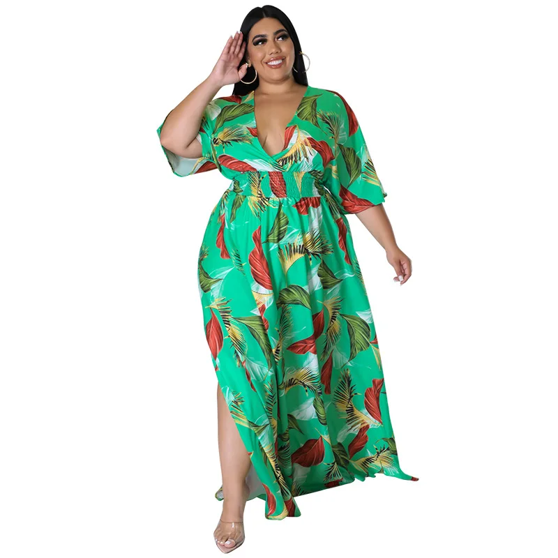 

2022 Summer African Women V-neck Half Sleeve Printing Polyester Long Dress African Print Dresses African Clothes for Women
