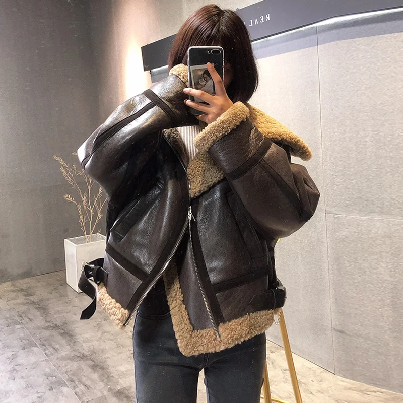 

Oversized Lambswool Jacket Women Luxury Merino Sheep Biker Outerwear Cropped Genuine Leather Real Fur Coats Female