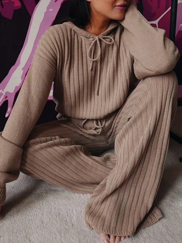 

Женский комплект из двух предметов, осенне-зимний новый свитер, Свободный пуловер с длинным рукавом и капюшоном, повседневные широкие брюки, уличная одежда