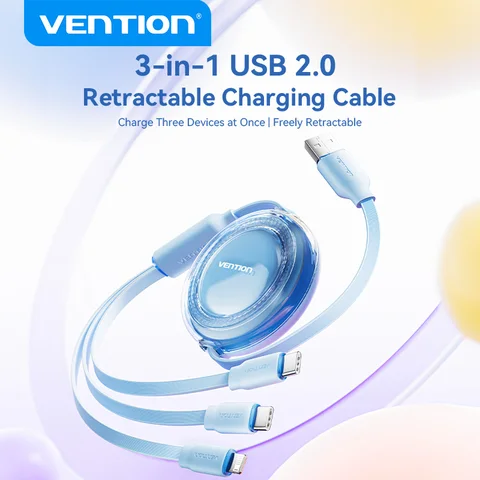 Vention USB C-кабель 3 в 1, выдвижной USB-кабель типа C, шнур Lightning для iphone 17 16 15 14 Samsung Huawei Xiaomi Charge