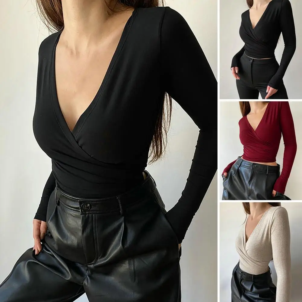 

Autumn Deep V Neck Long Sleeves Navel Exposed Solid Color Bottoming Blouse Women Cross Wrap Bandage Cropped Top