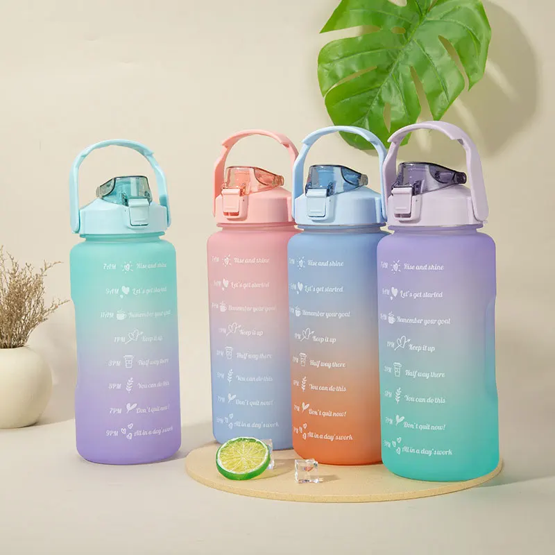 

3 Sets Of Capacity Water Bottle with Straw Gradient Color Sports Water Bottle with Time Marker Plastic Frosted Water Cup