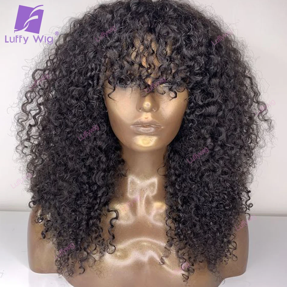 

Afro Kinky Curly Wig With Bangs Brazilian Remy Human Hair Machine Made Wig 20" 200 Density Glueless For Black Women Luffy wig