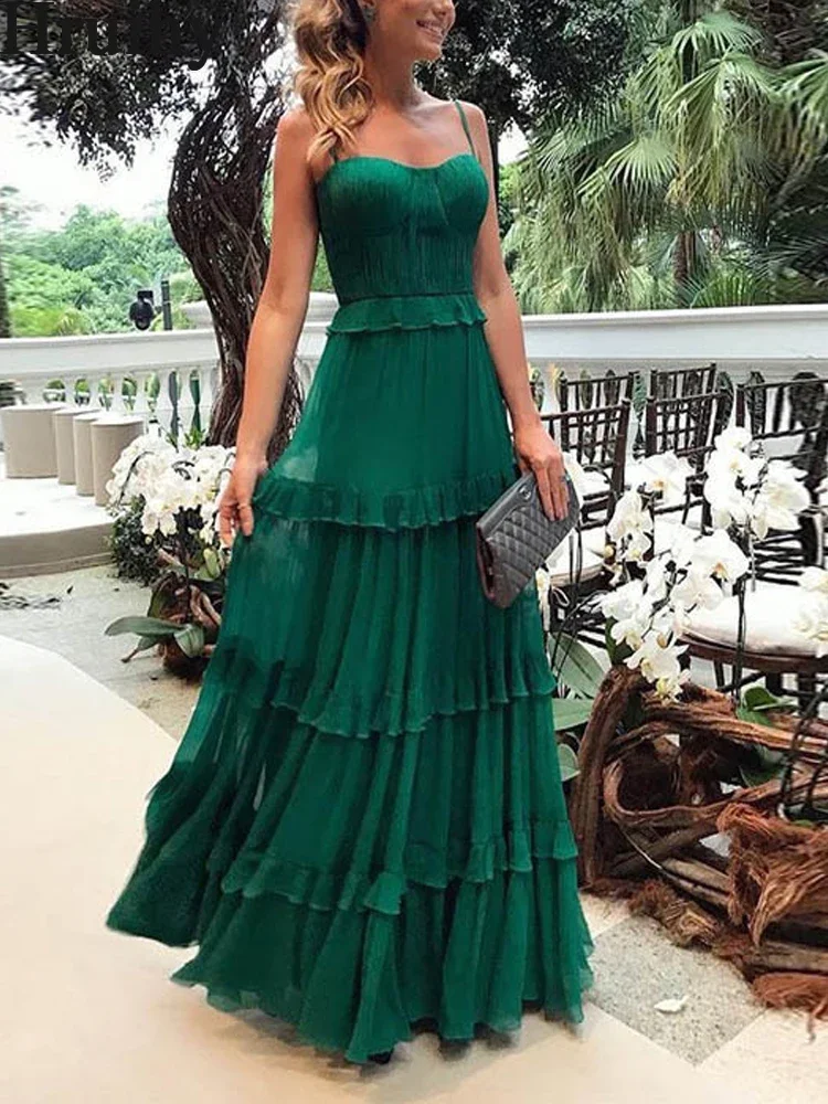 

Evening Dresses Spaghetti Strap Green Female Clothing Ruffles Splic Sexy Fashion Sleeveless Party Club Summer Maxi Dress Woman