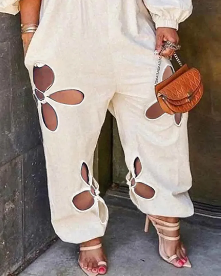 women's summer 2022 new casual Off Shoulder Lantern Sleeve Cutout Jumpsuit ladies trousers jumpsuit Polyester Plain