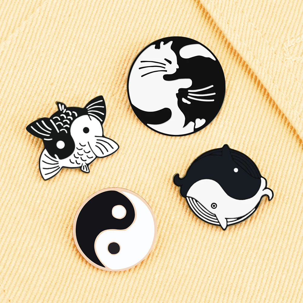 Винтажные белые черные Инь-Янские целебные броши кошка кит карп значки на
