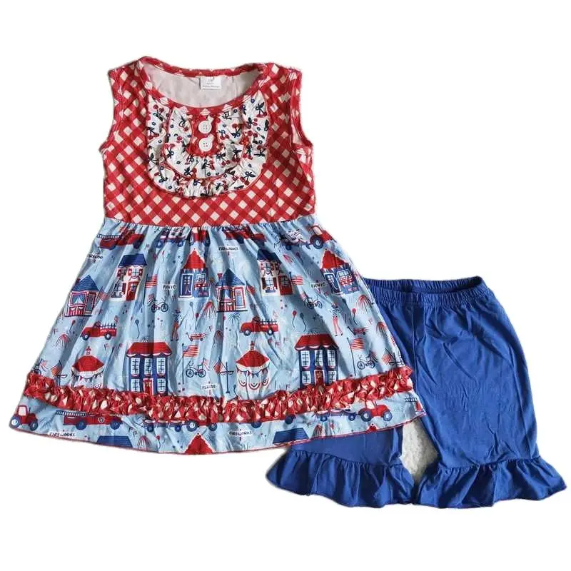 

Женская одежда, Детский бутик, оптовая продажа, летние наряды для маленьких девочек, синее платье без рукавов с пряжкой, комплект синих брюк