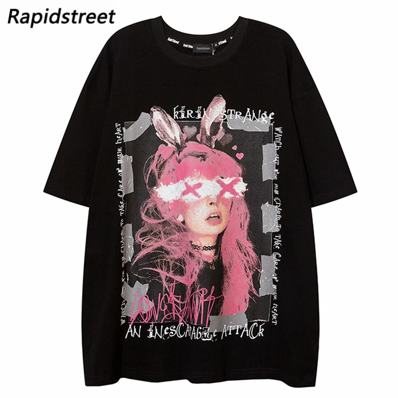 

Oversize T-Shirt Hip Hop Streetwear Bunny Girl Printed T Shirt Harajuku Cotton Loose Tshirt 2022 Men Summer Short Sleeve Tops