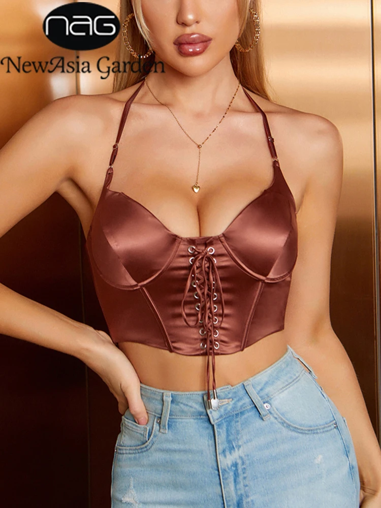 

NewAsia y2k Sexy Tops Satin Lace up Underwire Boned Pads Zipper Backless Halter Camis Tank Fashion Street Summer Crop Top Women
