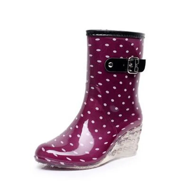 

Wedge Water Shoes Women's Rain Boots Fashion Buckle Side Zipper High Heel Transparent Rain Boots Lady