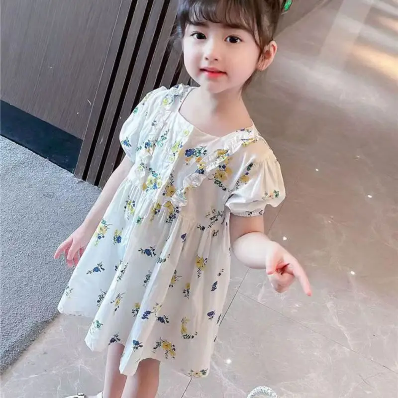 

Girls Puff Sleeve Floral Princess Dress Cute Summer Girls Clothes Princess Dresses Square Neck Elegant Sundress Girls Clothing