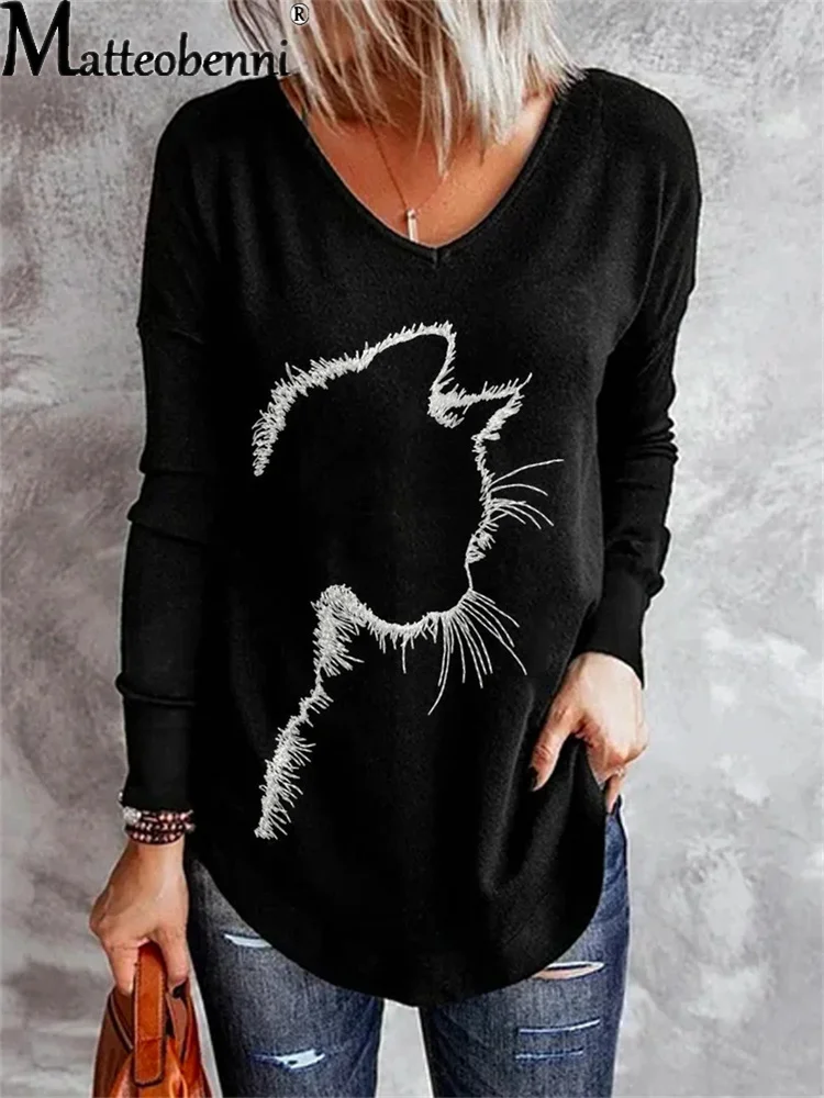 Купи 2022 Women Spring Fashion Casual Solid V Neck Loose Tops Cat Print Female Long Sleeve T-Shirt Ladies Street T-Shirt за 563 рублей в магазине AliExpress