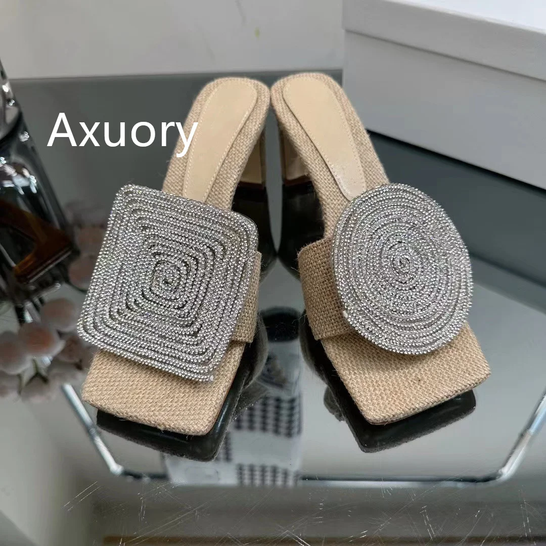 2023 New Women Sandals Genuine Leather Thick Heel Sexy Water Diamond Hollow Strap Square Toe High Heels