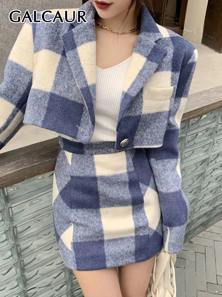 

GALCAUR Colorblock Two Piece Sets For Women Lapel Long Sleeve Single Button Coat High Waist A Line Mini Skirt Vintage Set Female