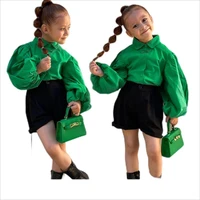 2022new autumn clothes set for girls 3 7y young students lantern sleeve shirts black shorts childrens outfits puff sleevetops