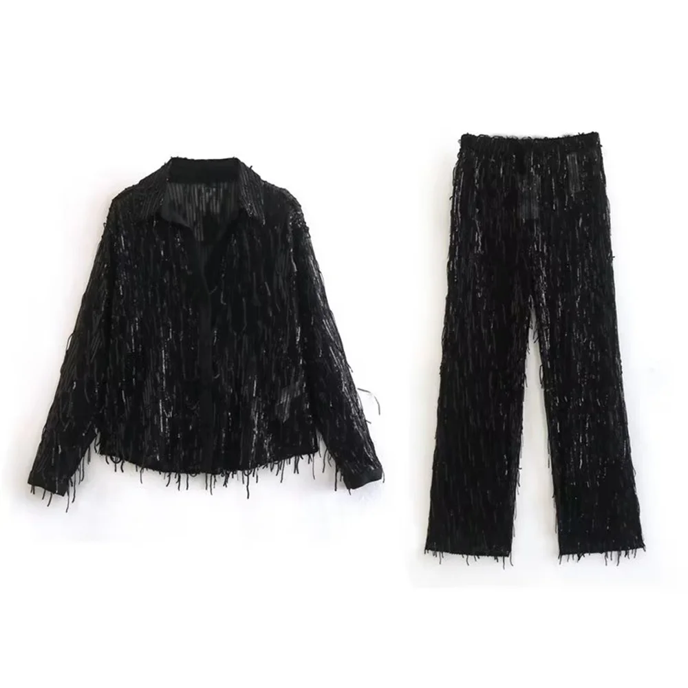 

PB & ZA Women's 2022 Fashion Blouse Set TASSEL Decorate Elegant Hollow Out Straight Shirt and Wide Leg Pants Chic Female Clothes