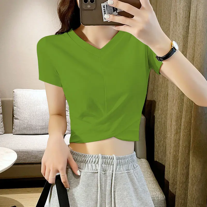 

New 2022 v-neck sexy high waist belly button short-sleeved white short t-shirt woman black