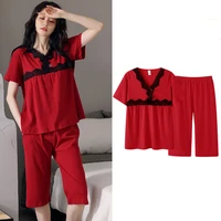 fdfklak summer short sleeve nightwear female v neck women pajamas set m 3xl large size lace thin sleepwear suit 6 styles