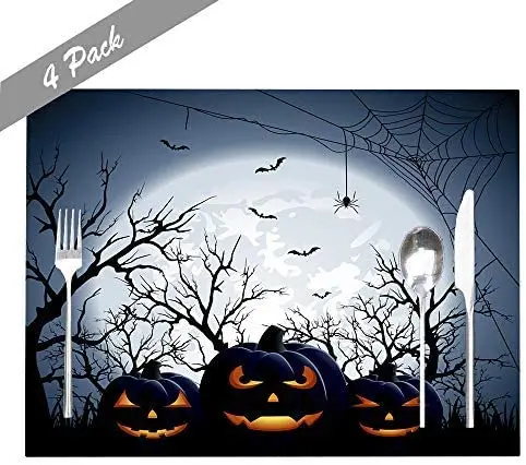 Halloween-Pumpkin Placemats,Three Halloween Pumpkins on Moon Halloween Placemats,4/6Pcs Burlap Placemat for Halloween Heat images - 6