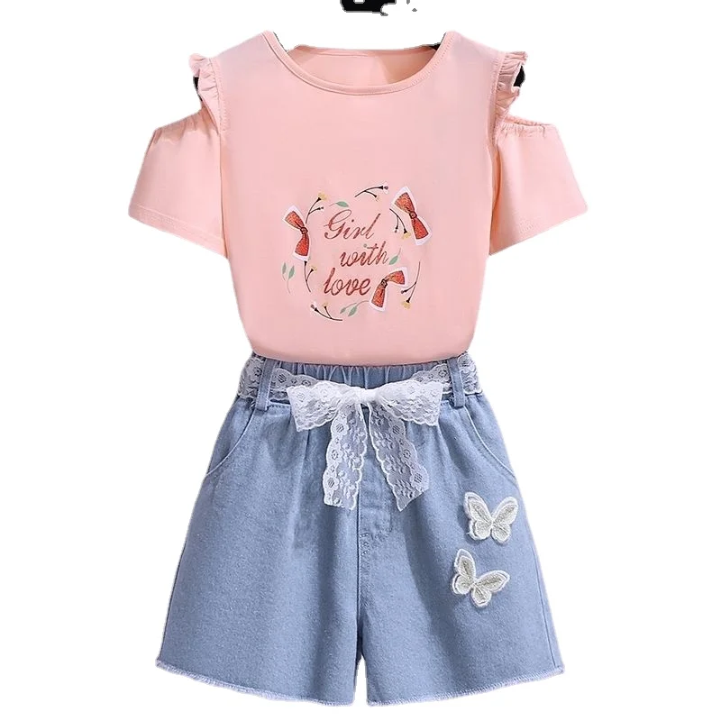 

Комплект летней одежды для девочек 4-12 лет, пуловер с открытыми плечами и джинсовые шорты с аппликацией в виде бабочки, Модный повседневный комплект из 2 предметов для подростков