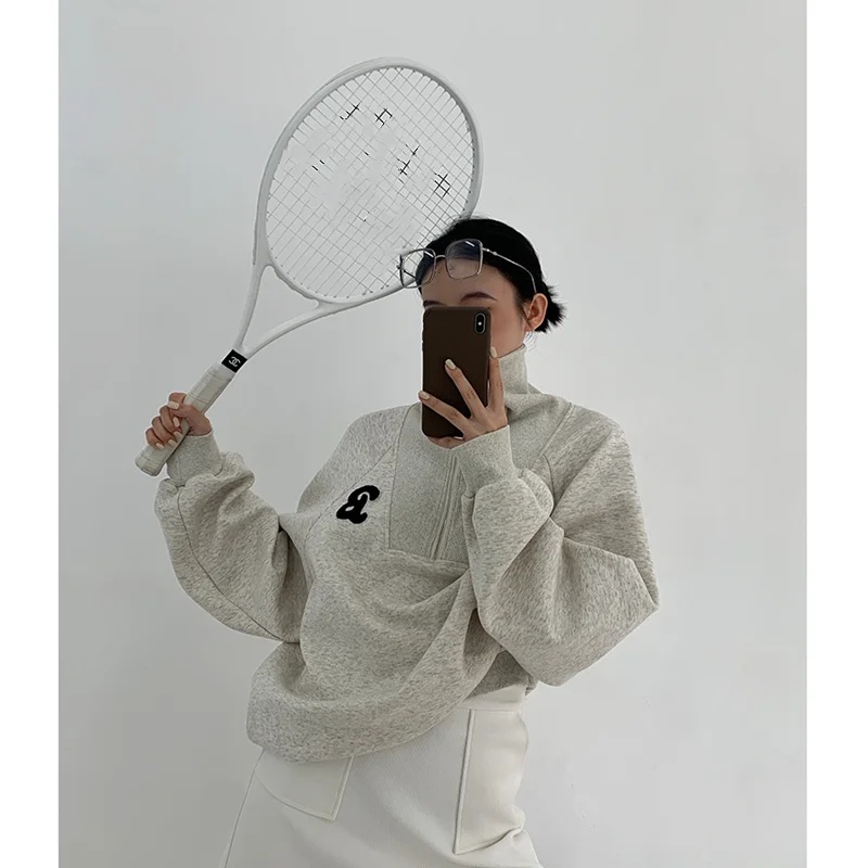 

Grey Sweatshirt Women Stand Collar Zipper Fashion Hip Hop Oversized Vintage High Street Lazy Wind Winter Thicken Pullover Tops