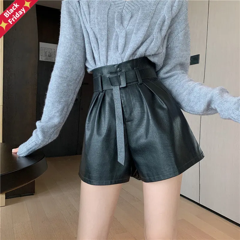 

Women PU Shorts 2023 Autumn Winter Casual High Waist Leather Shorts Female All Match A Line Wide Leg Shorts Outwears With Belt