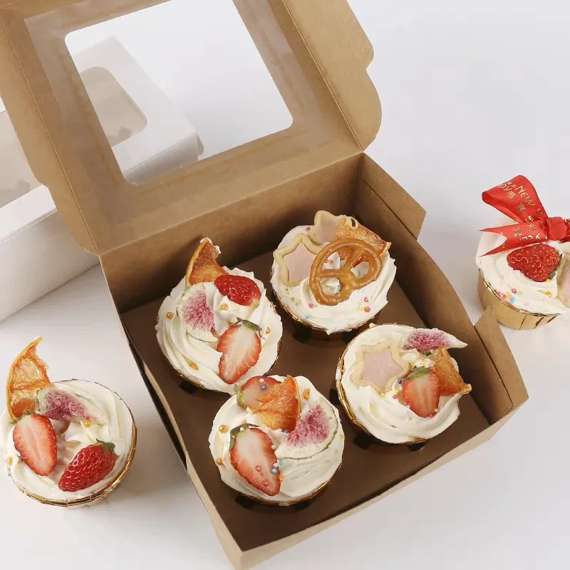 

10PCS Kraft 2/4/6/8 Cupcake box and packaging paper cardboard kraft cake box with clear pvc window cupcake gift packing craft b