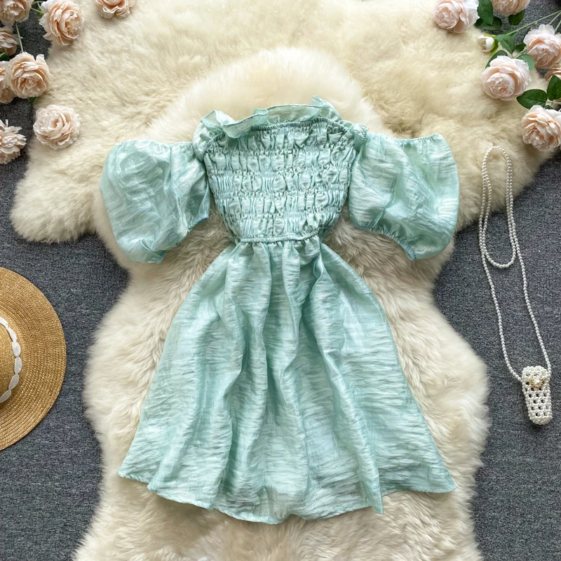 

Пышное Платье с короткими рукавами и открытыми плечами 2022 г. Летнее Новое Стильное Пышное Платье принцессы на одно плечо с тонкой талией