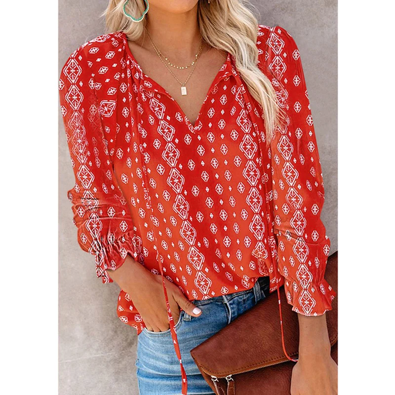

Women Vintage T-Shirt Summer Floral Print Blouse Fashion V Neck Long Sleeve Office Ladies Casual Shirt Chic Loose Top Streetwear