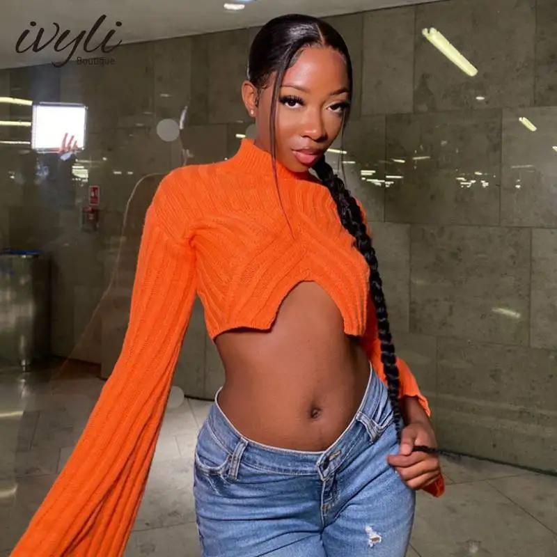 

Винтажный укороченный Топ с длинным рукавом, свитер, Женский пуловер с круглым вырезом 2022, сексуальный топ для клувечерние Y2K, укороченный с...