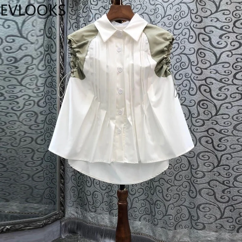 

Neploe Turn Down Collar Single-breasted Blouse Pleated Drawstring Patchwork Shirts Korean 2022 Fashion Loose Casual Blusas