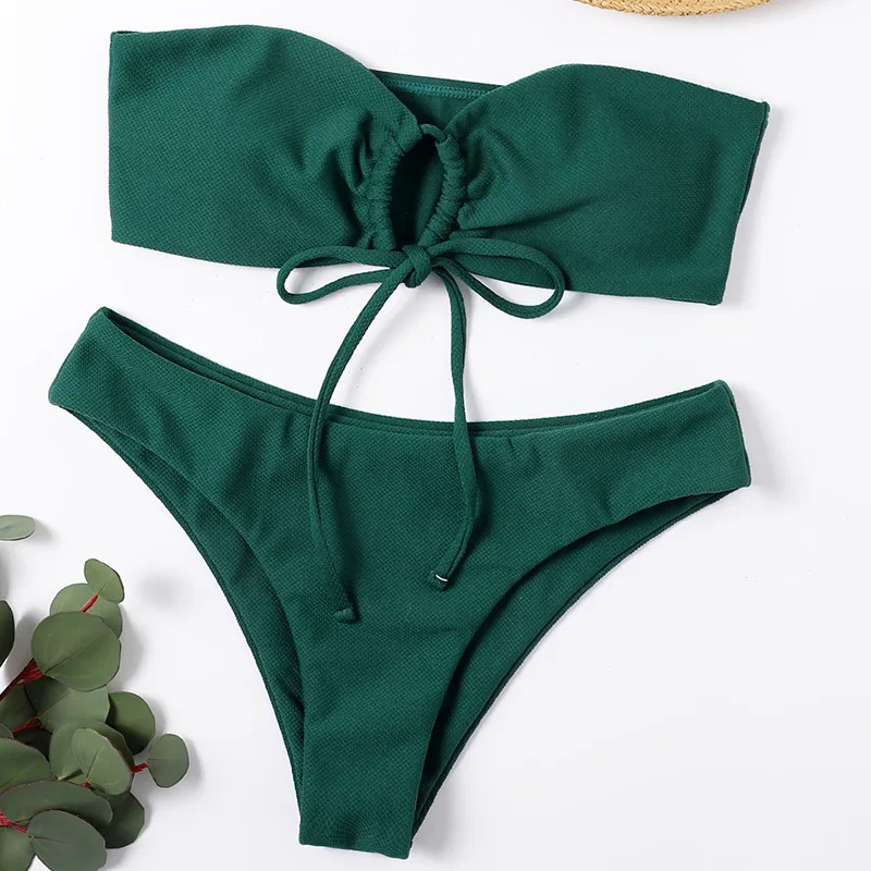 Women's Bandeau Bikinis Two-Piece Swimsuit Strapeless Swimwear Solid Bathing Suits Sexy Off Shoulder Summer Beach Wear