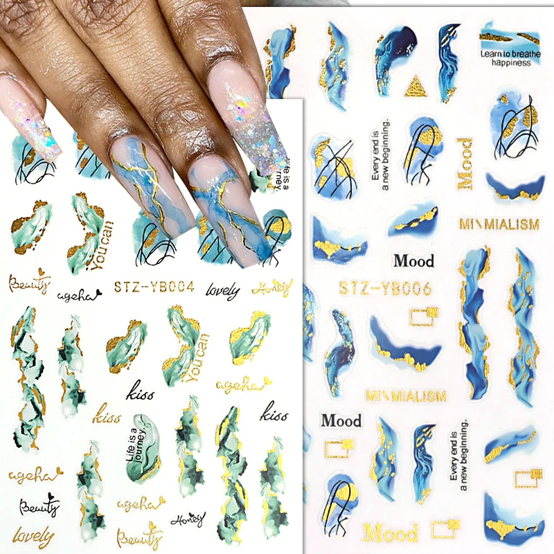 

Gold Foil Marble Nail Art Stickers Abstract Ink Blooming Geometric Lines Adhesive Sliders Nails Decals DIY Manicure Decoration