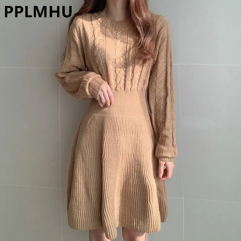 

Женское трикотажное мини-платье, элегантное облегающее короткое платье-свитер с круглым вырезом, Корейская элегантная повседневная трикотажная одежда, осень-зима