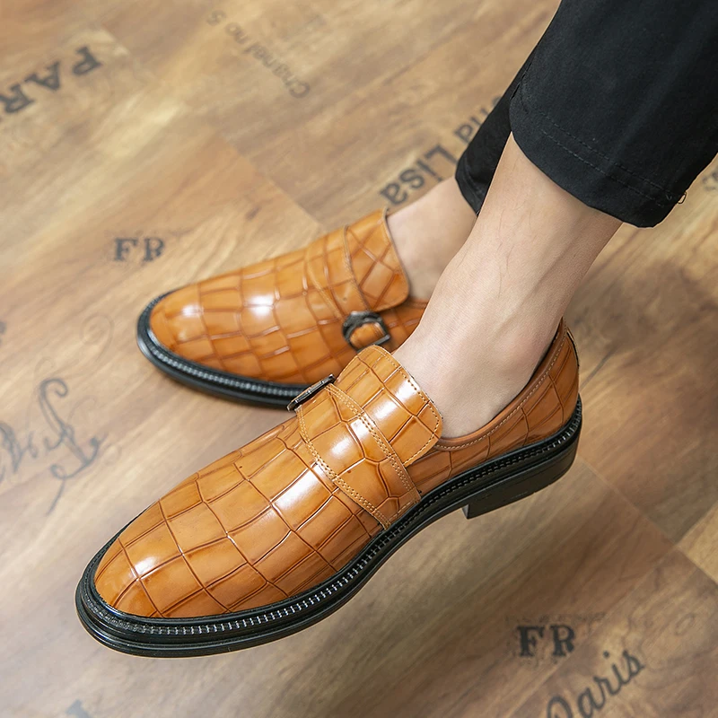 

New Men Shoes Fashion Casual Gentleman Solid Color PU Cracked Lattice Buckle Slip-on Comfortable Monk Loafer Formal Shoes AQ570